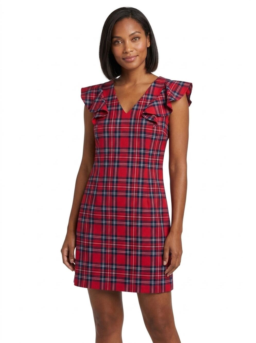Draper James Red Plaid Ruffle V-Neck Shift Dress Women Size 2